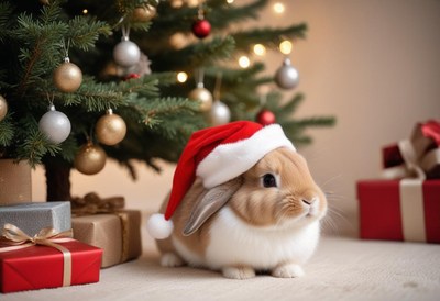 Cute rabbit wearing santa hat near christmas tree