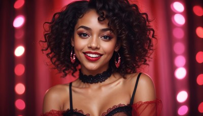 Model poses in vibrant studio with bold makeup and style