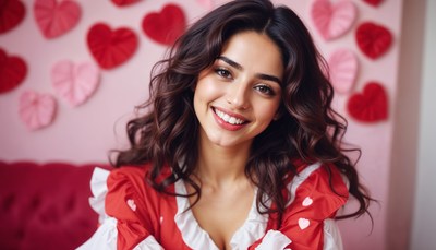 Smiling woman in heart-themed room during celebration