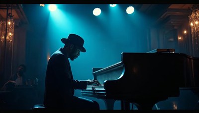 Musician performs at a dimly lit venue with piano