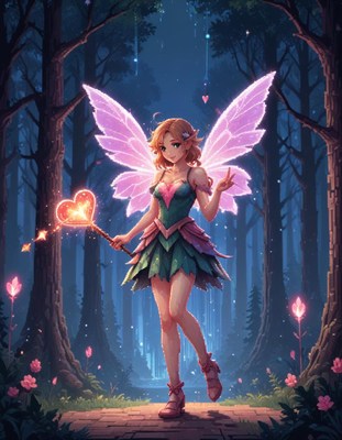 Fairy with heart wand in enchanted forest at twilight