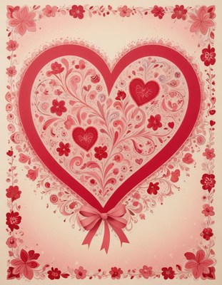 Decorative heart design with floral patterns and ribbons