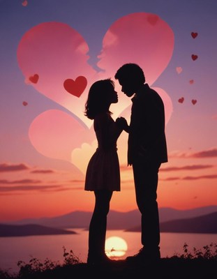 Romantic silhouette at sunset with heart shapes in sky
