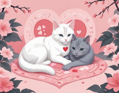 Cute cats relaxing on a heart-shaped cushion in spring
