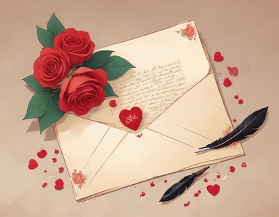 Love letter with roses and quill pen on a soft background