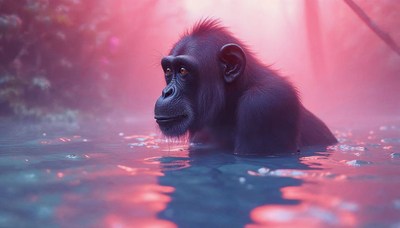 Monkey relaxing in tranquil water surrounded by mist
