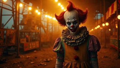 Clown in eerie carnival at dusk with glowing lights