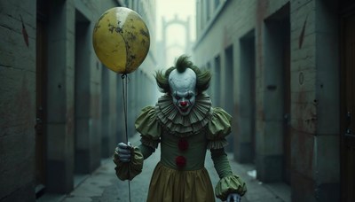Clown with balloon walking down an eerie alleyway