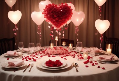 Romantic dinner setup with heart decorations for celebration
