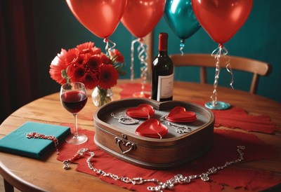 Romantic setup with wine, decorations, and jewelry gifts