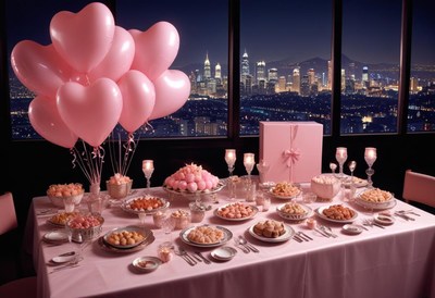 Elegant dessert table with heart balloons at night