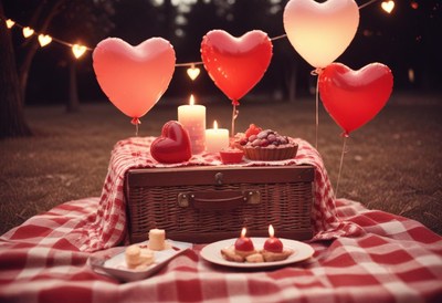 Romantic picnic setup with decorations for lovers