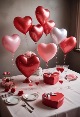 Celebration of love with heart balloons and gifts
