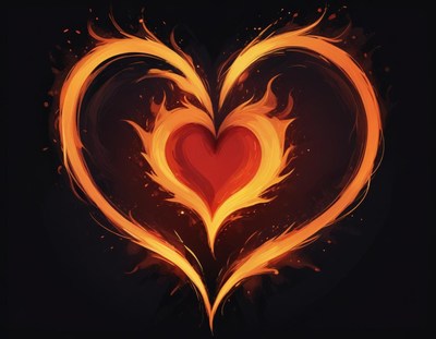 Heart design with fiery flames on a dark background