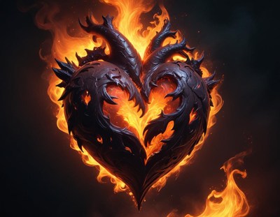 Fiery heart design with dark textures and flames