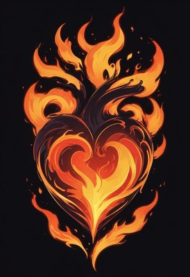 Vibrant flames form a heart shape in a dark background