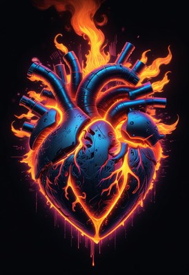 Heart on fire with mechanical features and bright flames