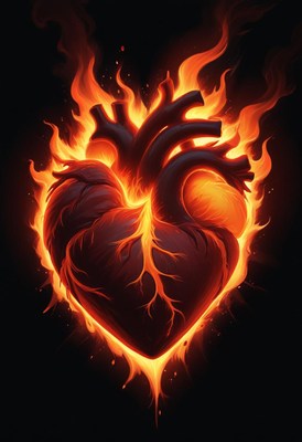 Heart engulfed in flames with vibrant colors