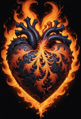 Heart adorned with swirling flames in dark design