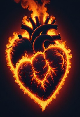Fiery heart symbol with flames and intricate design