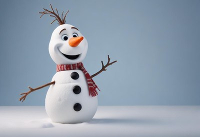 Cheerful snowman with scarf and carrot nose enjoys winter