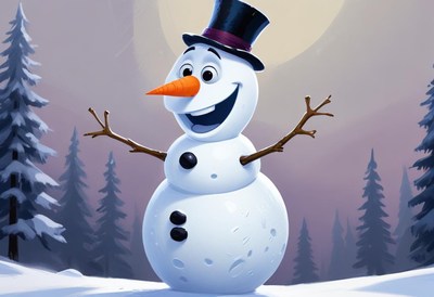 Cheerful snowman smiles in a winter wonderland landscape