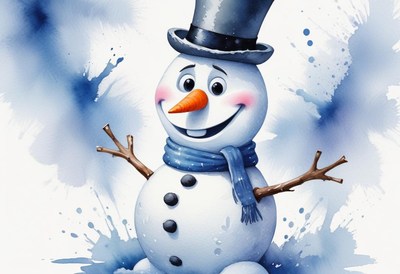 Cheerful snowman with a hat and scarf in winter setting