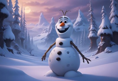 Cheerful snowman in a winter landscape at sunset