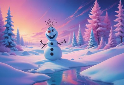 Snowman enjoying a winter sunset in a snowy landscape