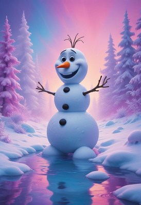 Cheerful snowman in a colorful winter landscape