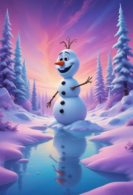 Snowman enjoys a winter sunset in a serene landscape