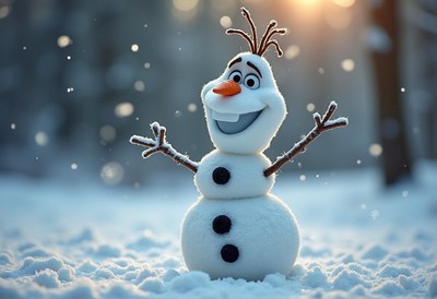 Cheerful snowman in winter wonderland enjoying snowfall