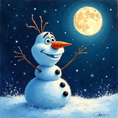 Snowman celebrates winter under a bright moonlight