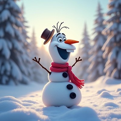Snowman with cheerful expression in winter forest
