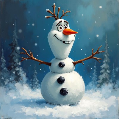 Snowman character enjoys a winter wonderland setting