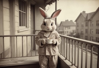 Bunny in pajamas enjoying tea on the balcony