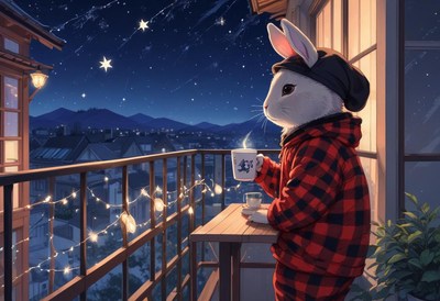 Rabbit enjoys a quiet evening on the balcony with coffee