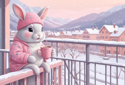 Cute bunny enjoying a warm drink on a snowy balcony