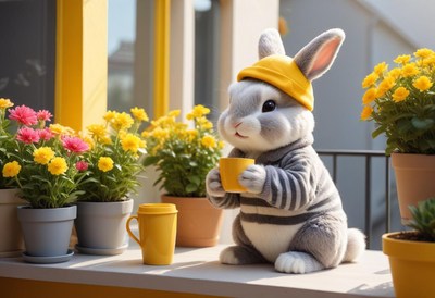 Cute rabbit enjoying a drink in a sunny garden setting