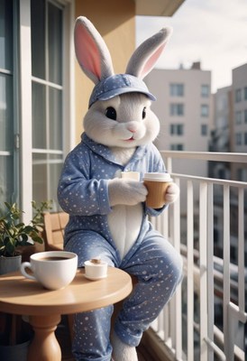 Cozy morning on the balcony with a playful bunny