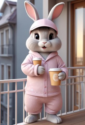 Playful rabbit in casual attire enjoying coffee on balcony