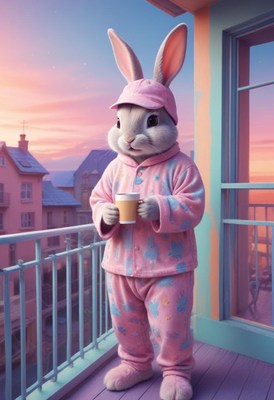 Cozy rabbit enjoying sunrise on a pastel balcony