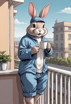 Charming rabbit enjoys morning coffee on balcony