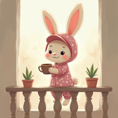 Cute bunny enjoying coffee on a balcony in cozy attire