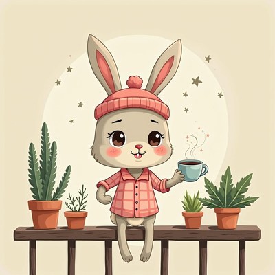 Cute bunny enjoying a warm drink among potted plants