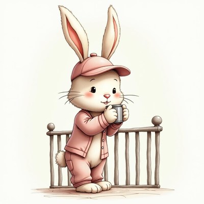 Cute bunny character enjoys a warm drink in cozy setting