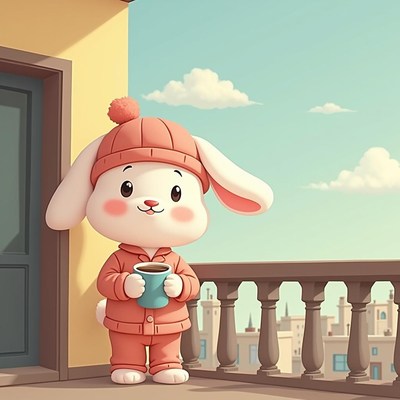 Rabbit enjoying morning coffee on a sunny balcony