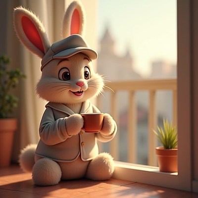 Cute rabbit enjoying a warm drink in a cozy setting