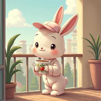Cute bunny character holding a cup on a balcony