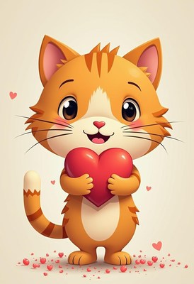 Cute cat character holding a heart in a playful pose